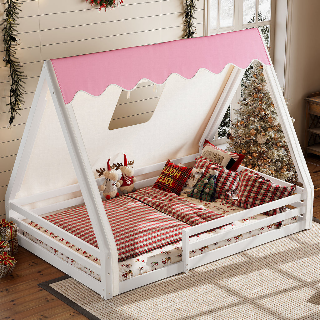 Full Size House Floor Bed with Tent and Light