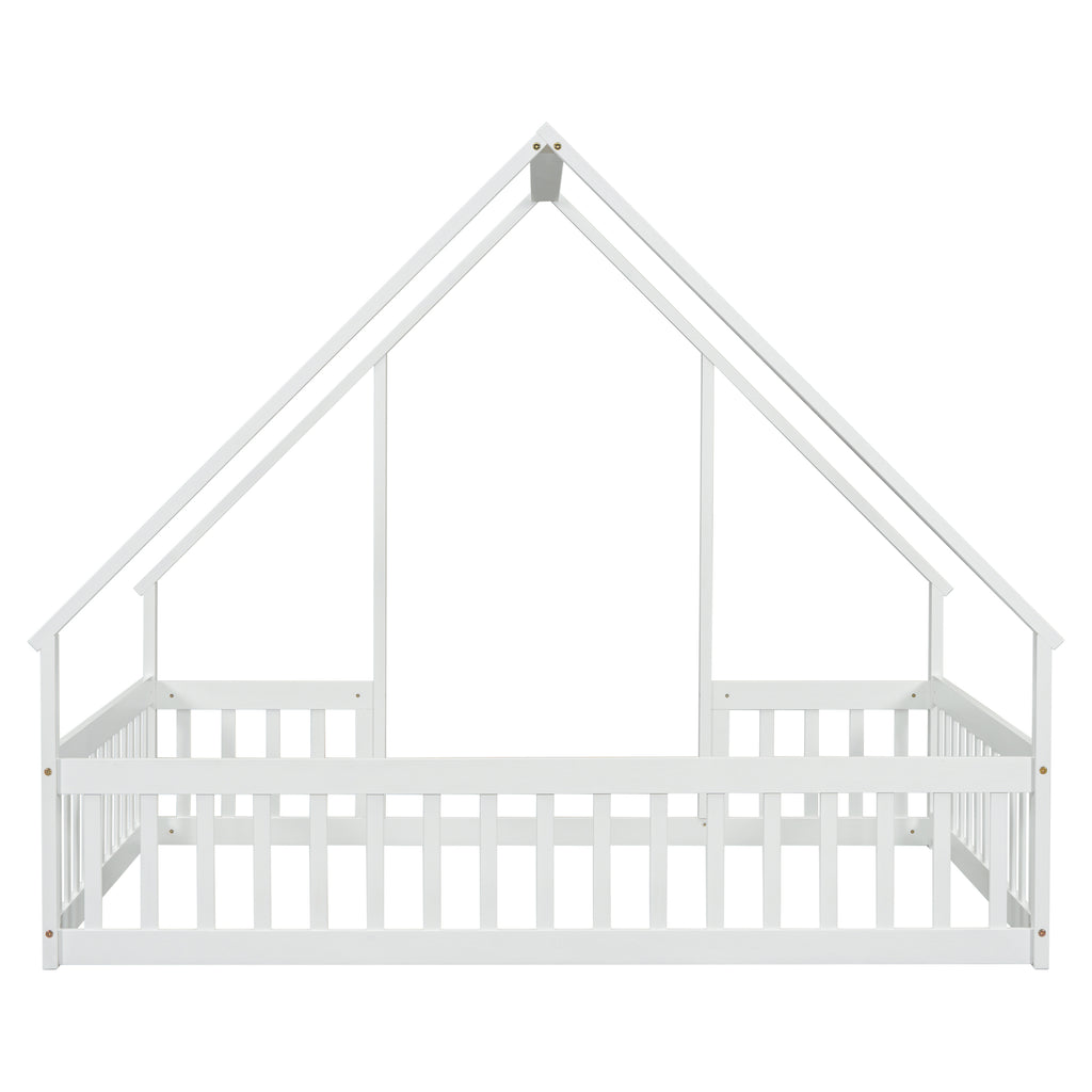 Full Wood House-Shaped Floor Bed with Fence, Guardrails