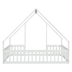 Full Wood House-Shaped Floor Bed with Fence, Guardrails