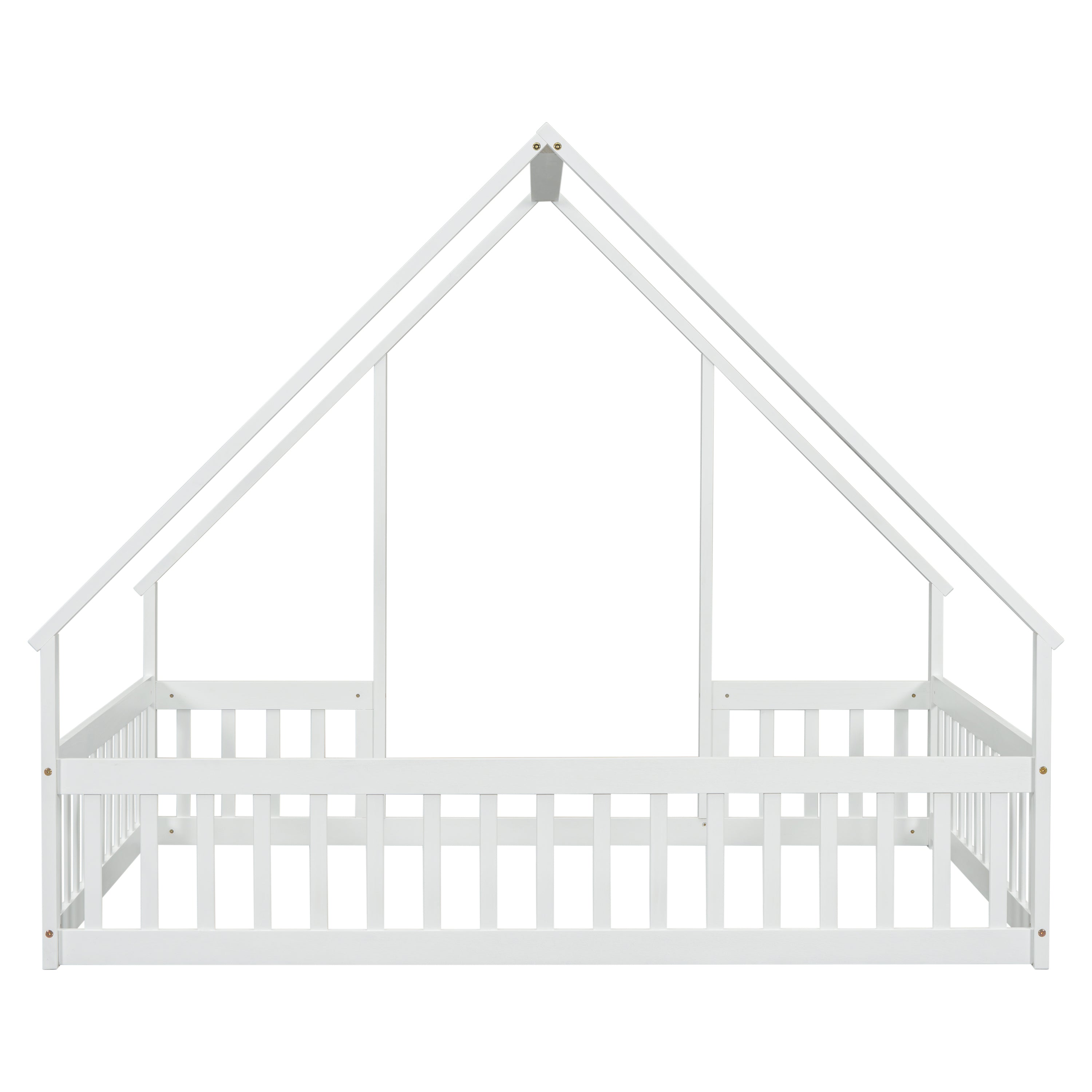 Full Wood House-Shaped Floor Bed with Fence, Guardrails