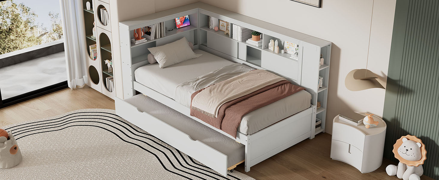 Twin Size Wood Daybed with Storage Shelves, USB and Trundle