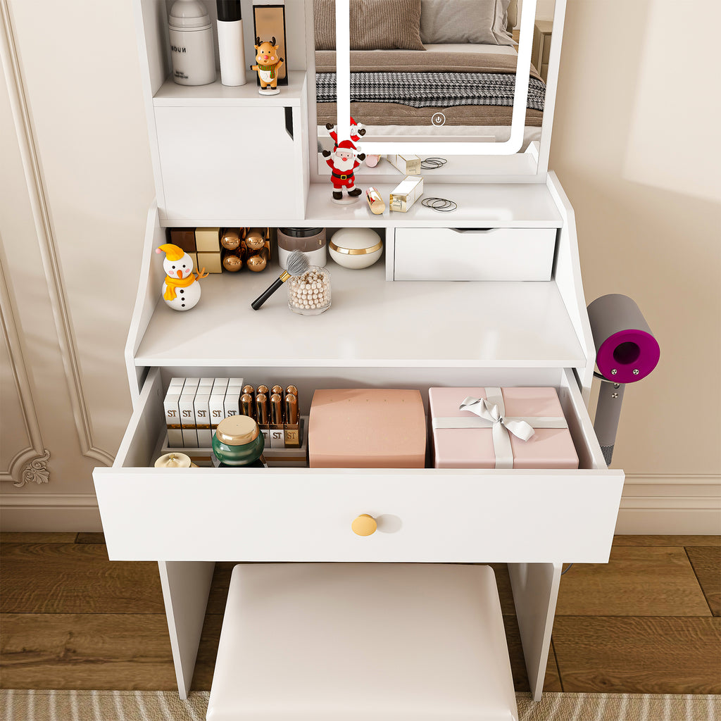 3-Color LED Vanity Mirror with Stool, Dressing Table for Bedroom