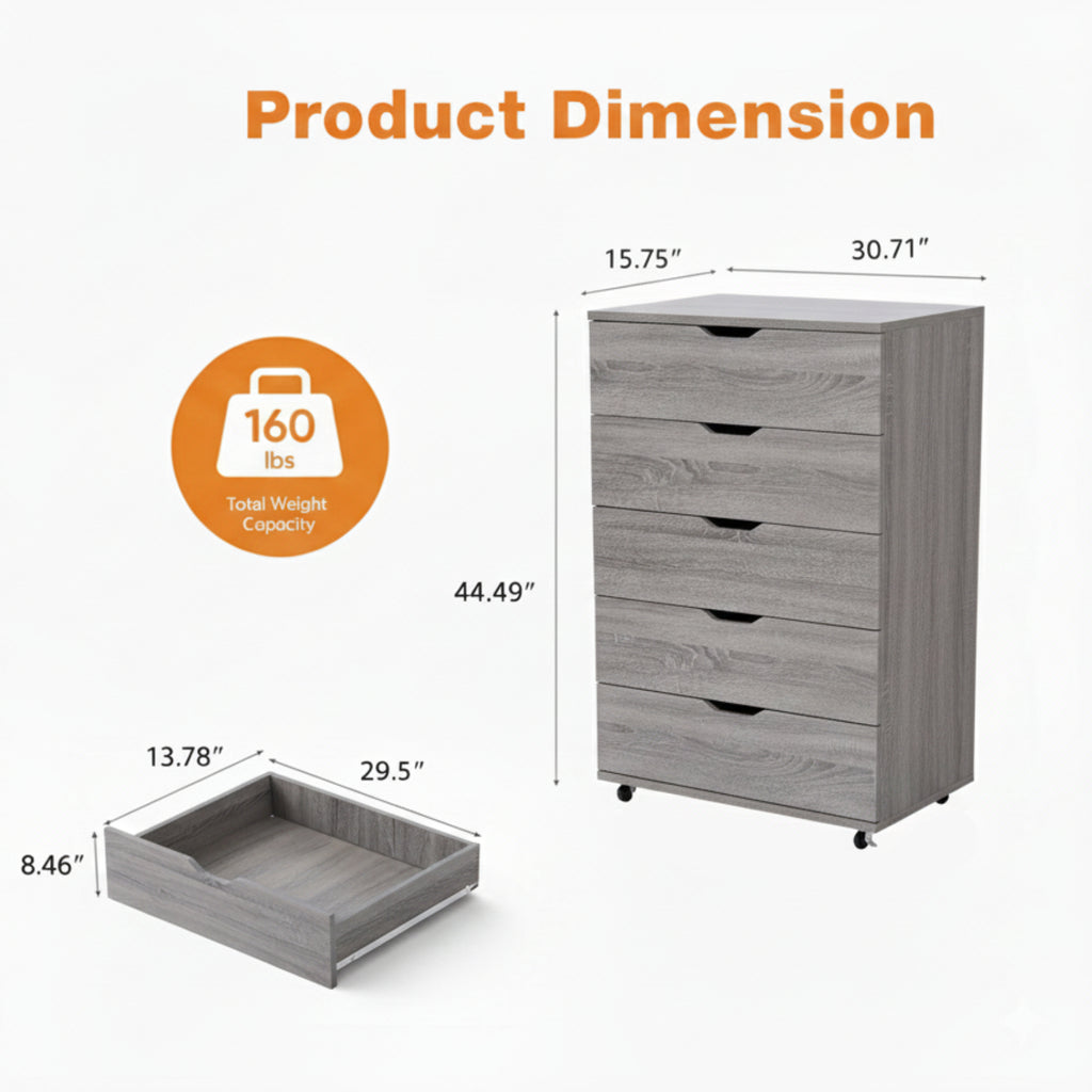 Gray 5-Drawer Dresser with Wheels