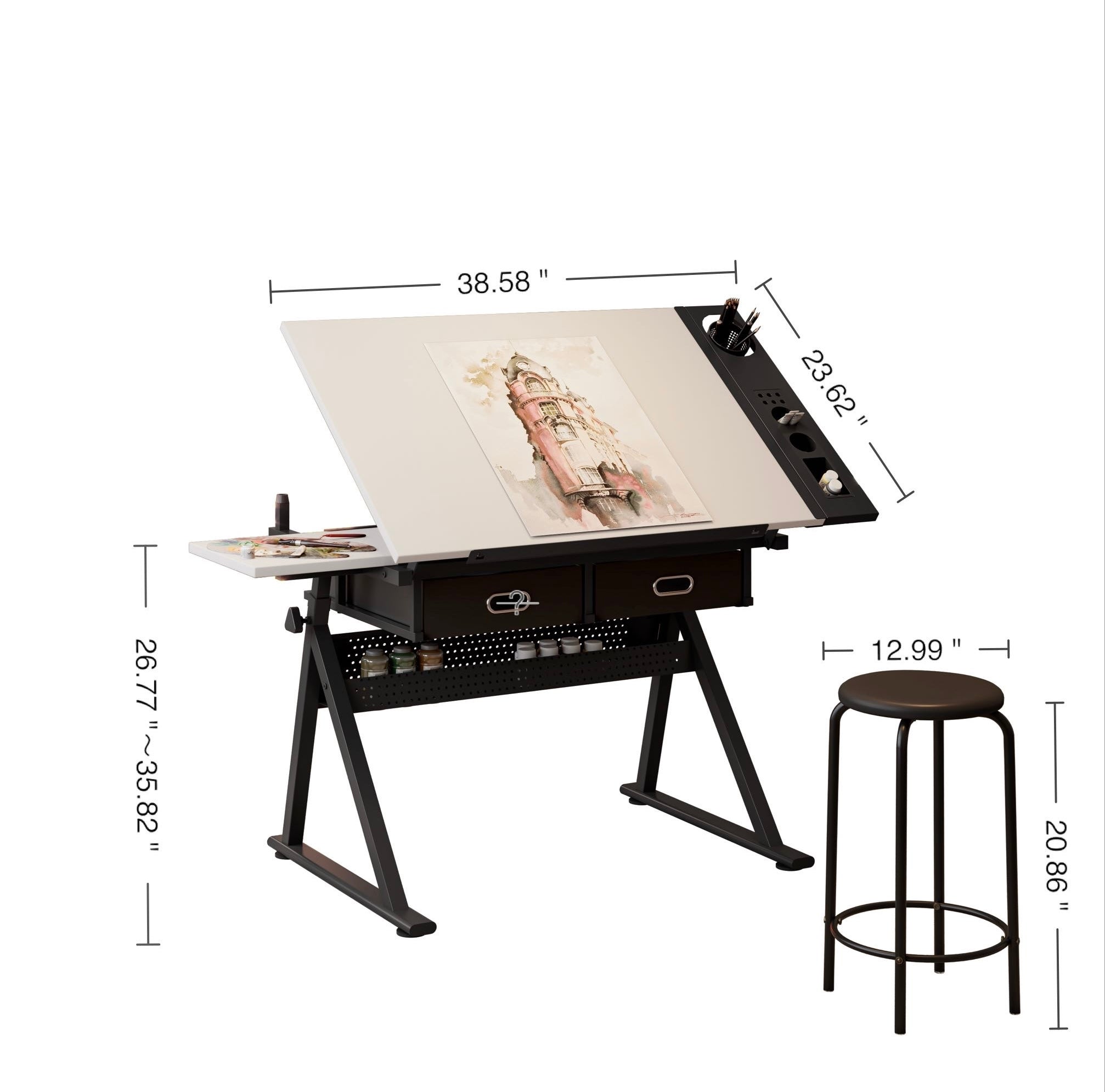 Adjustable Drawing Drafting Table Desk with 2 Drawers for Home Office