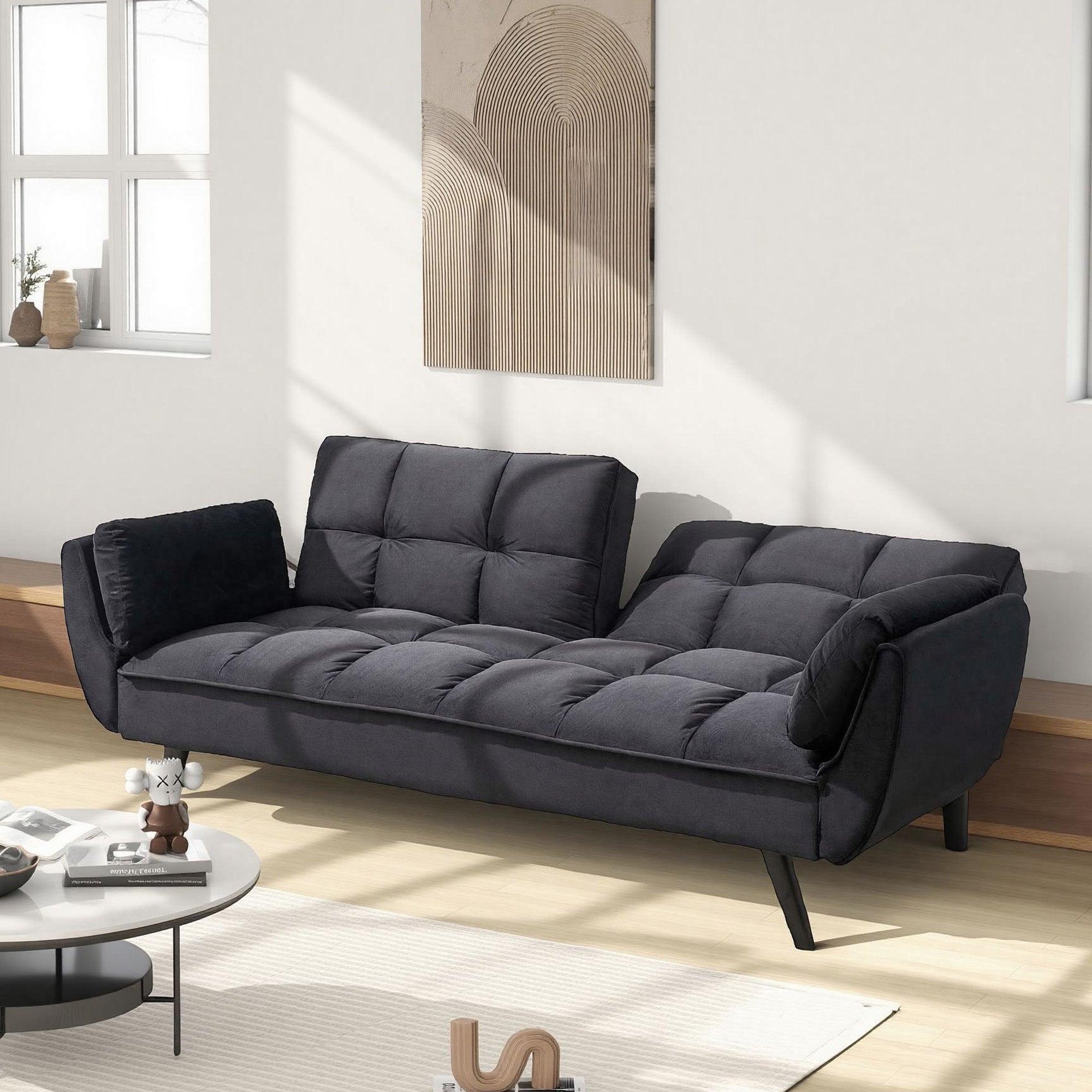 74" Black Sofa With Two Armrests & Throw Pillows