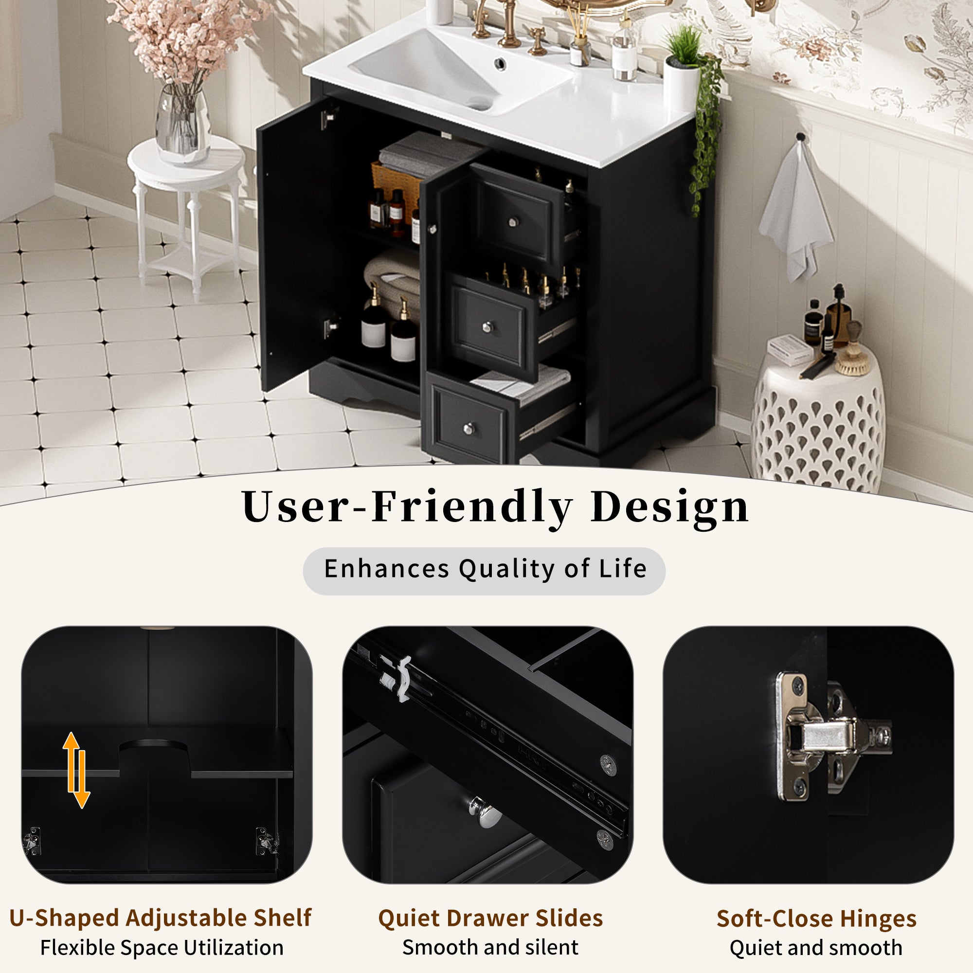 36-Inch Transitional Bathroom Vanity with Ceramic Sink