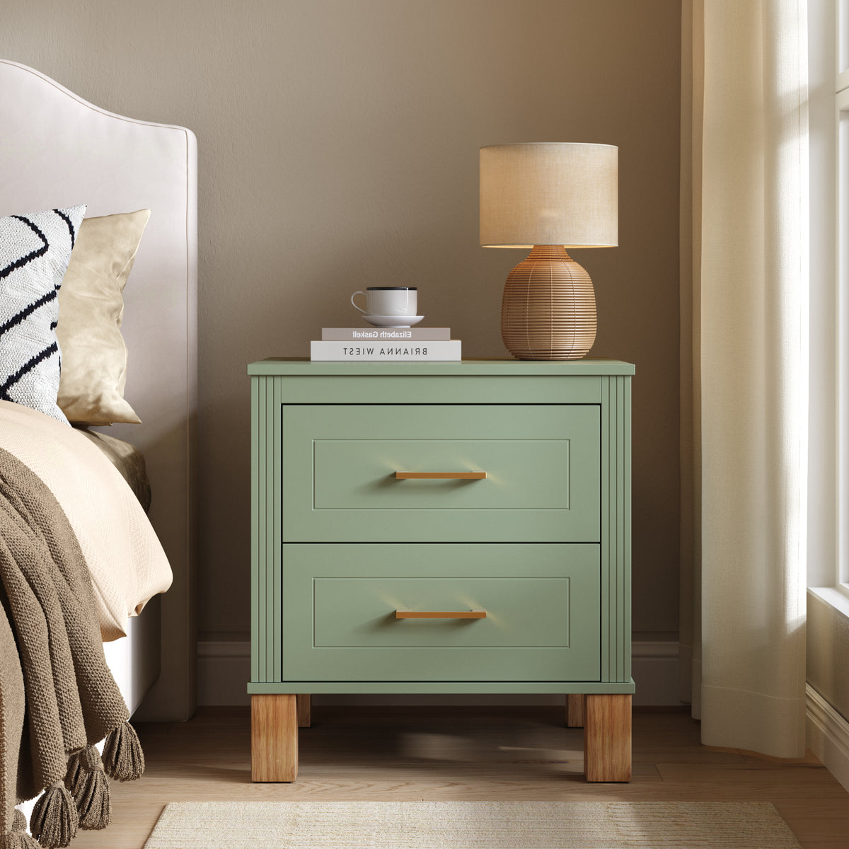 2-Drawer Nightstand with Fluted Design and Solid Wood Legs, Sage Green