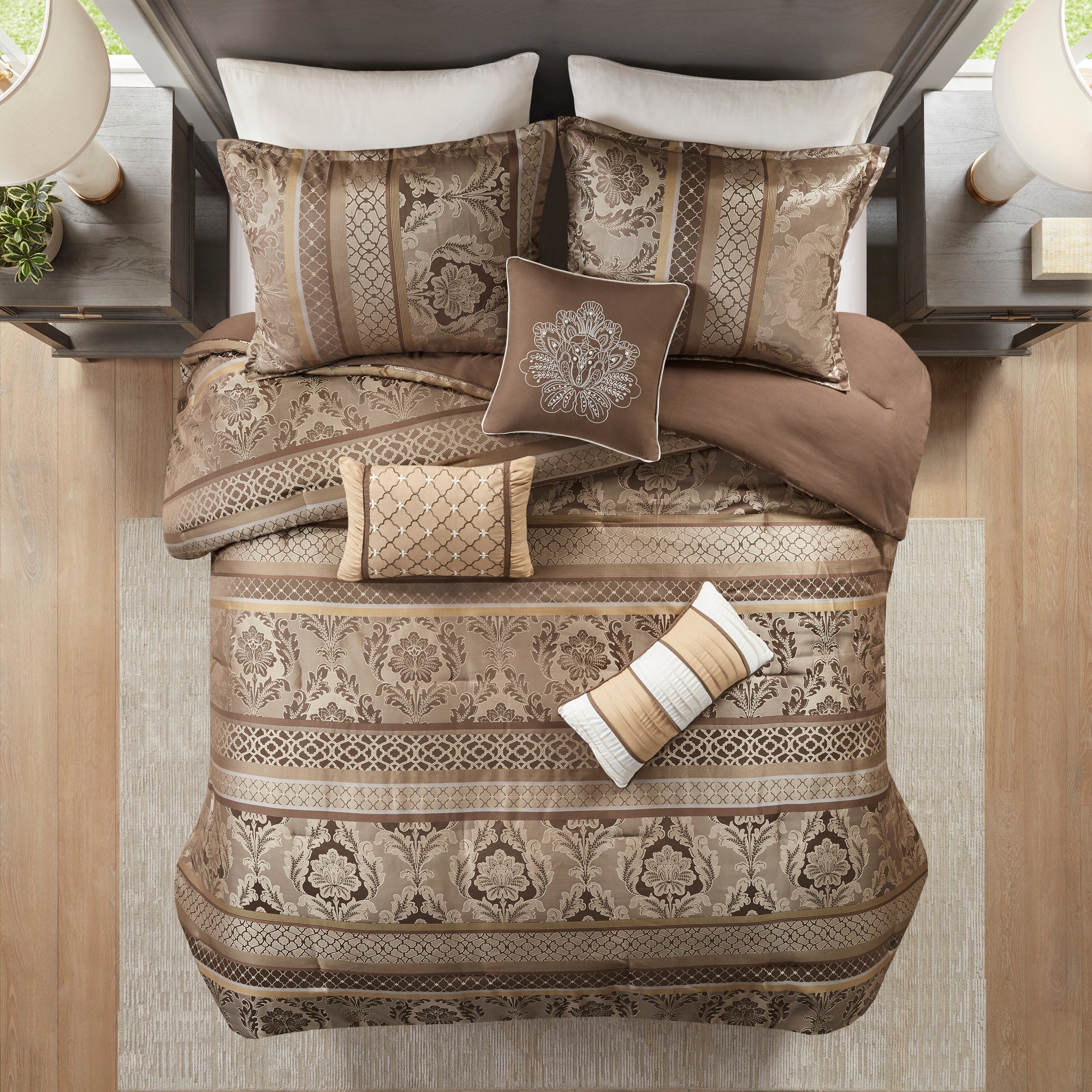 7 Piece Jacquard Comforter Set Brown/Gold King