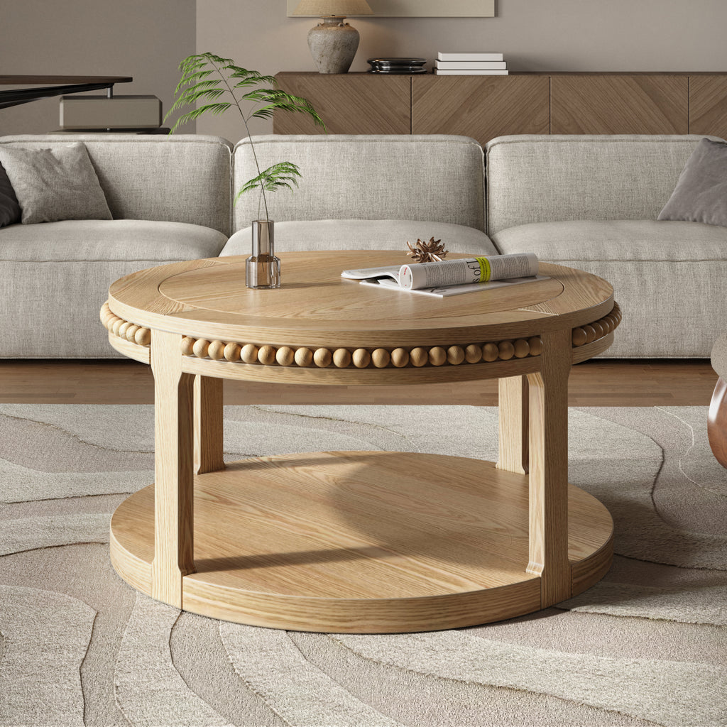 Round Solid Wood Coffee Table, 31.5 Inch, Two-Tier, Natural Wood