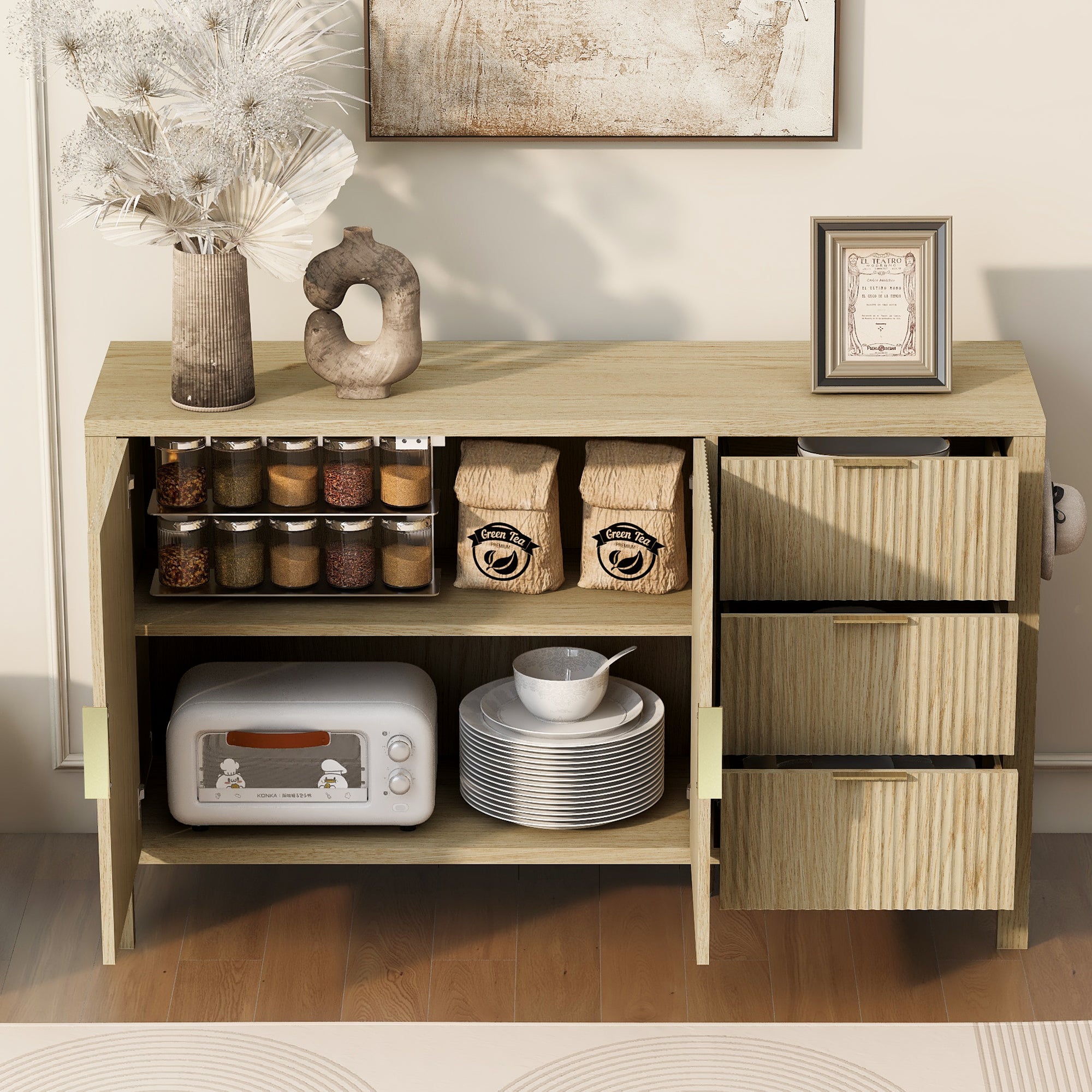 U-Style Modern Wave-Pattern Sideboard with 3 Drawers