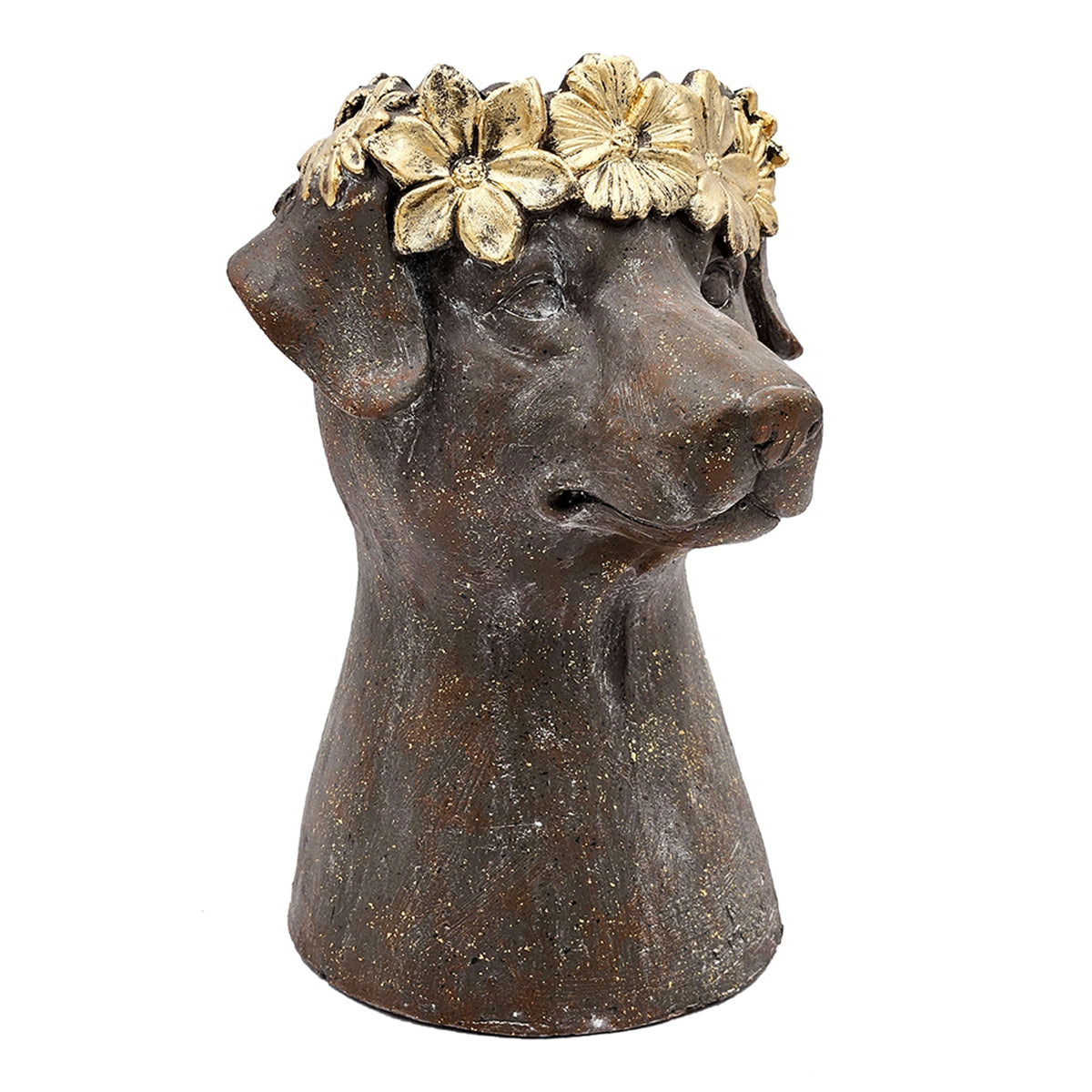 Magnesium Dog Statue Planter, 9.3 x 13 Inches, Brown with Gold Leaf Crown