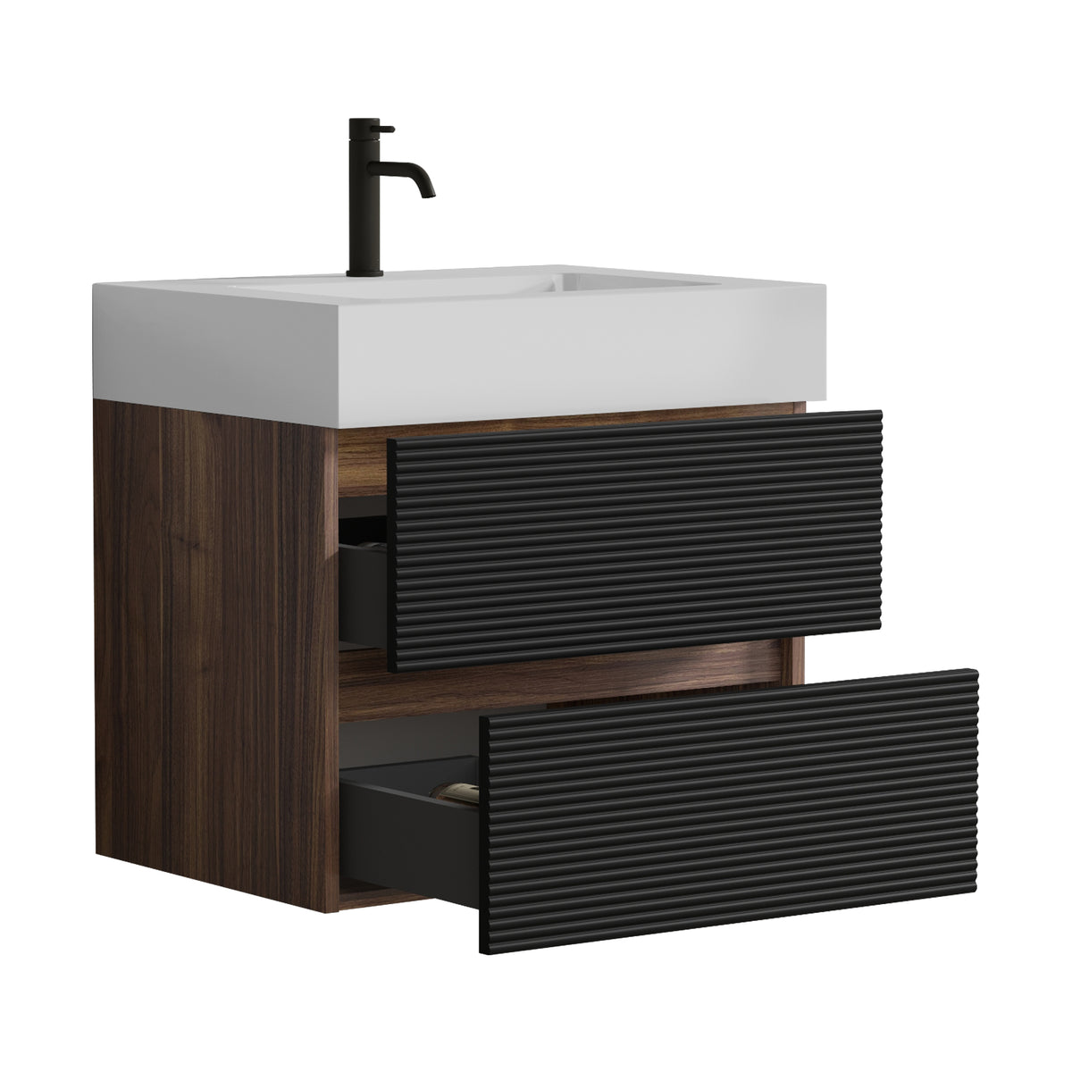 Grace 24-Inch Wall-Mounted Bathroom Vanity with Solid Surface Sink, Walnut and Black