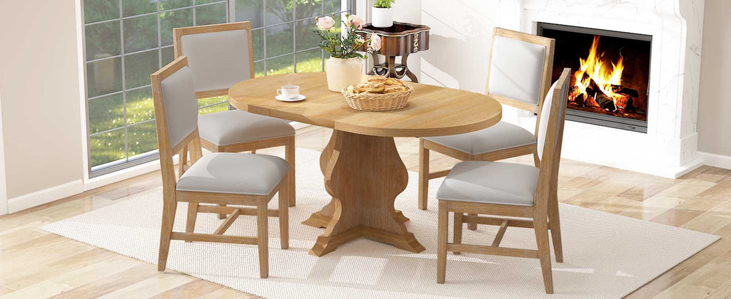 TREXM Farmhouse 5-Piece Dining Table Set with 4 Upholstered Chairs