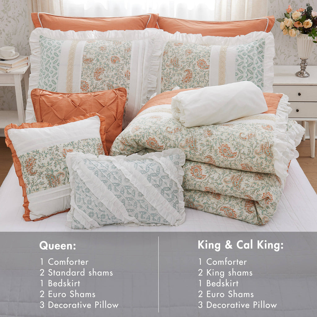 9 Piece Cotton Percale Comforter Set - Coral Queen
