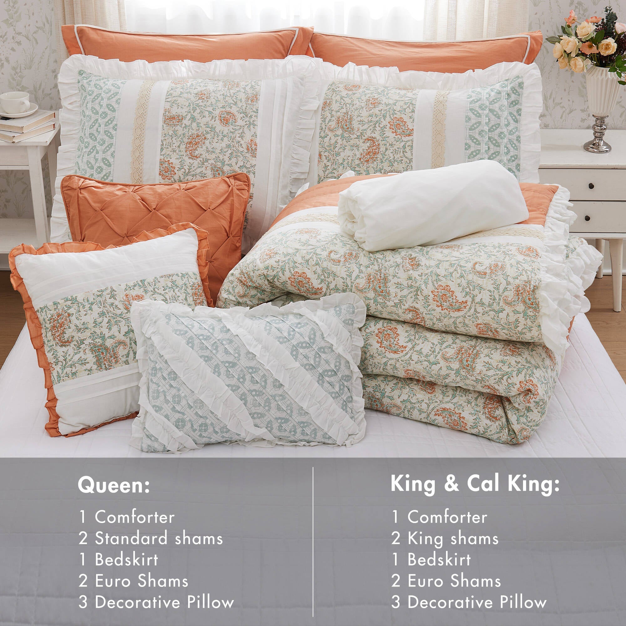 9 Piece Cotton Percale Comforter Set - Coral Queen