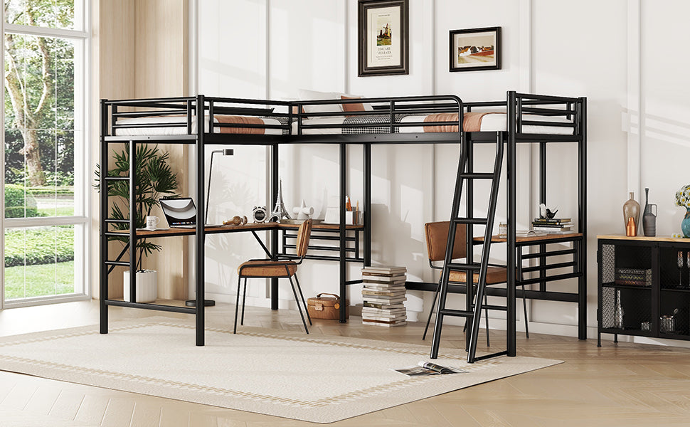 Twin Size Metal Loft Bed with Two Built-in Desks