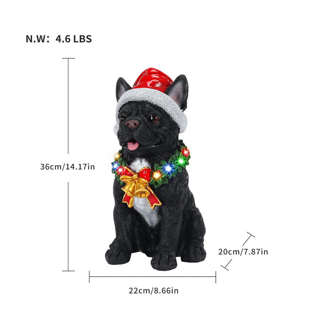 Lighted Christmas French Bulldog Statue, Black Resin, 14 Inches
