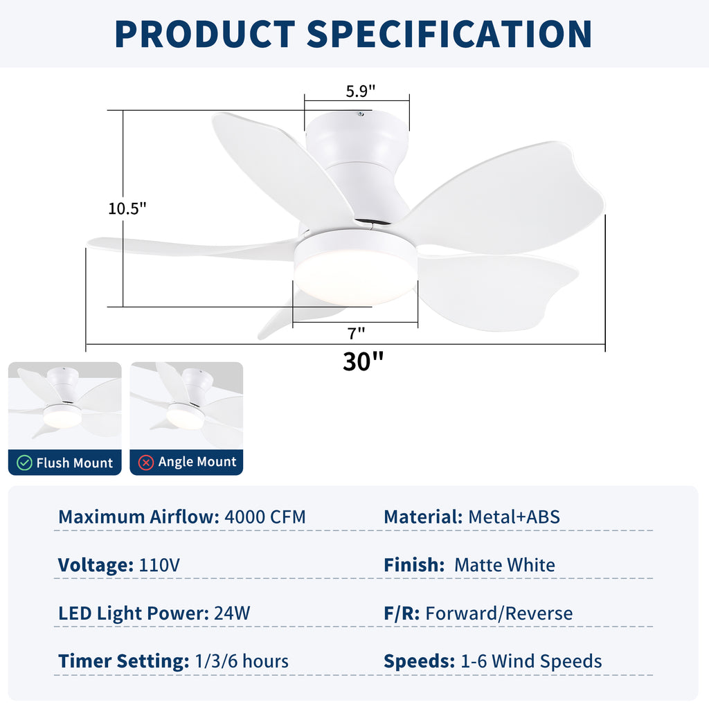 30 Inch Low Profile Flush Mount Ceiling Fan with Light