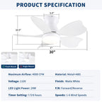 30 Inch Low Profile Flush Mount Ceiling Fan with Light