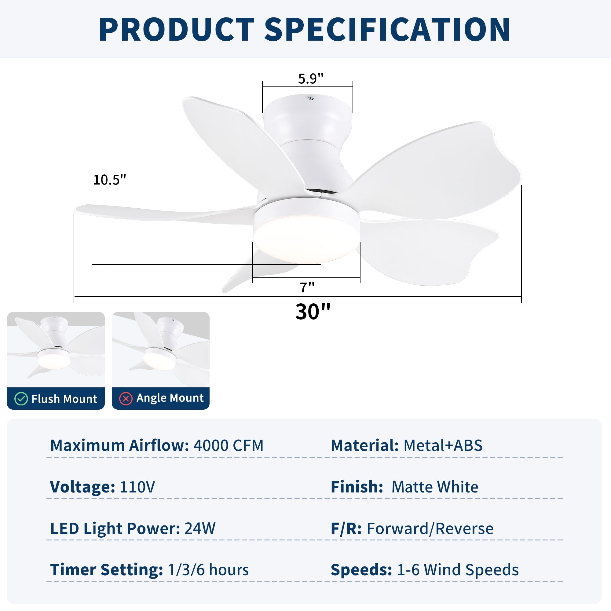 30 Inch Low Profile Flush Mount Ceiling Fan with Light