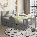 Twin Size Wood Platform Bed with Guardrails on Both Sides and Two Storage Drawers