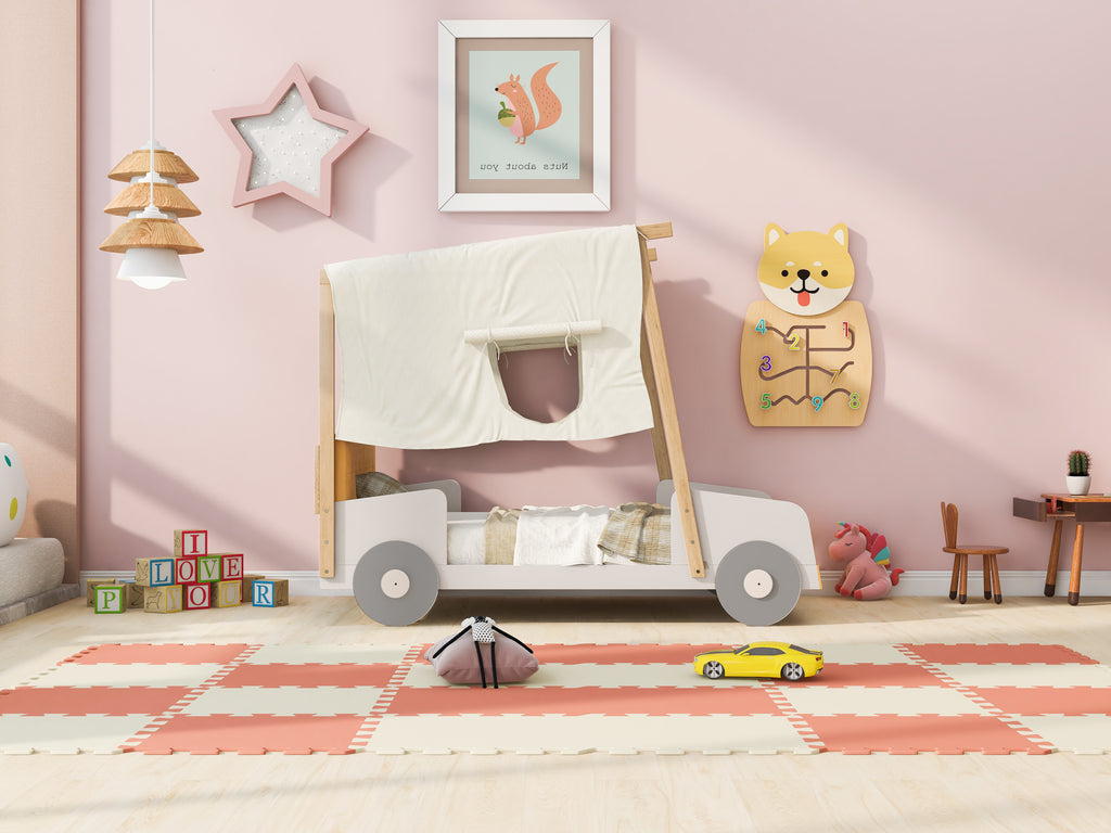 Wood Twin Size Car Bed with Pillow and Ceiling Cloth