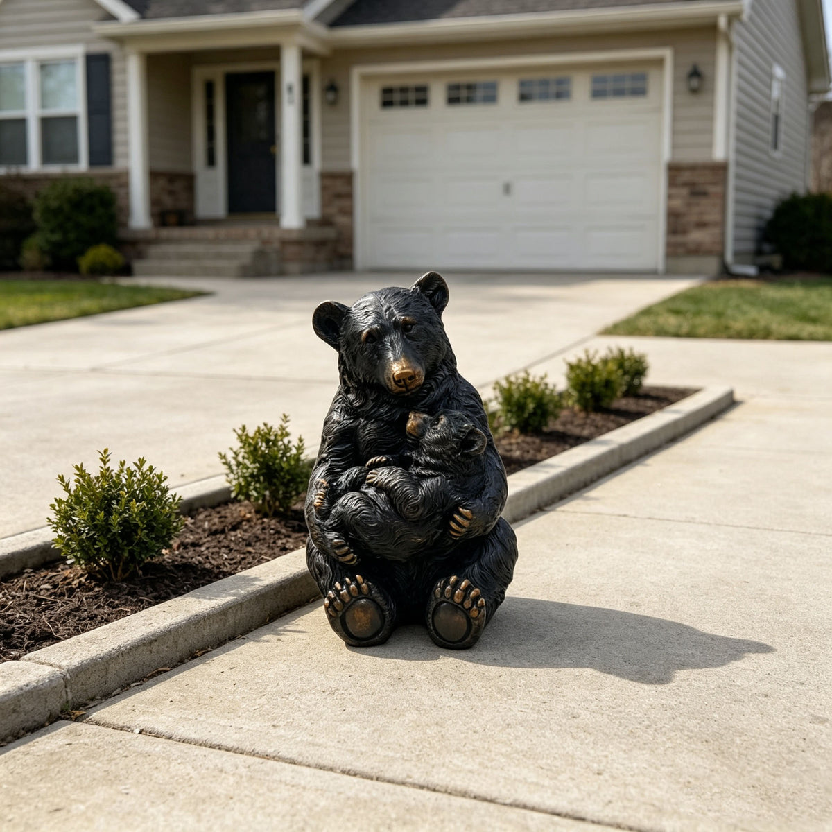 19'' Tall Mother Bear Hugging Cub Garden Statue