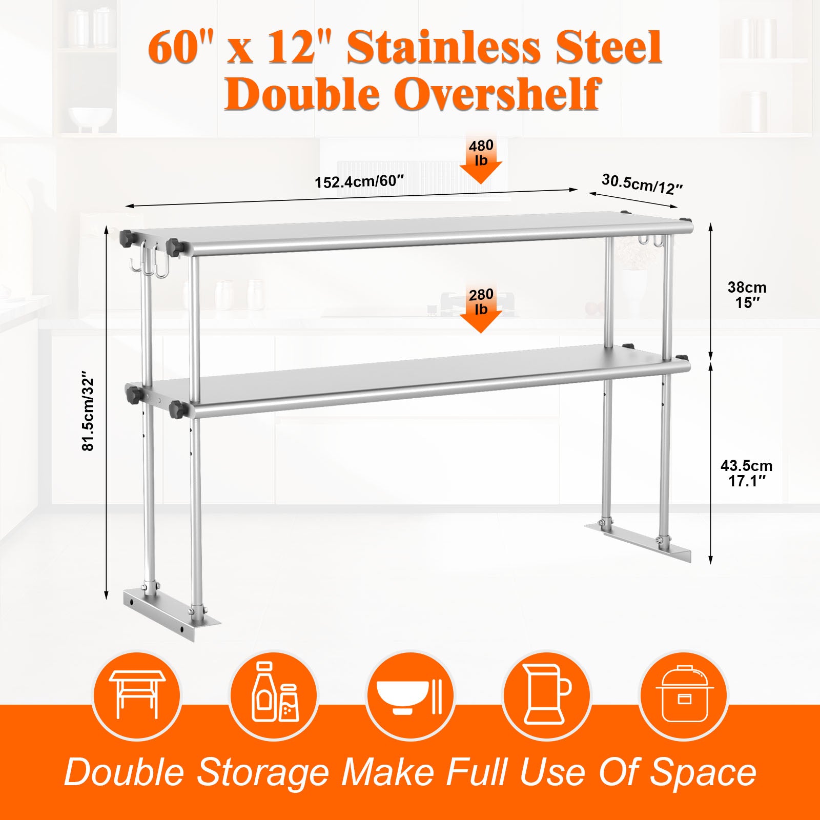 Stainless Steel Adjustable Kitchen Shelf - 60 Inch