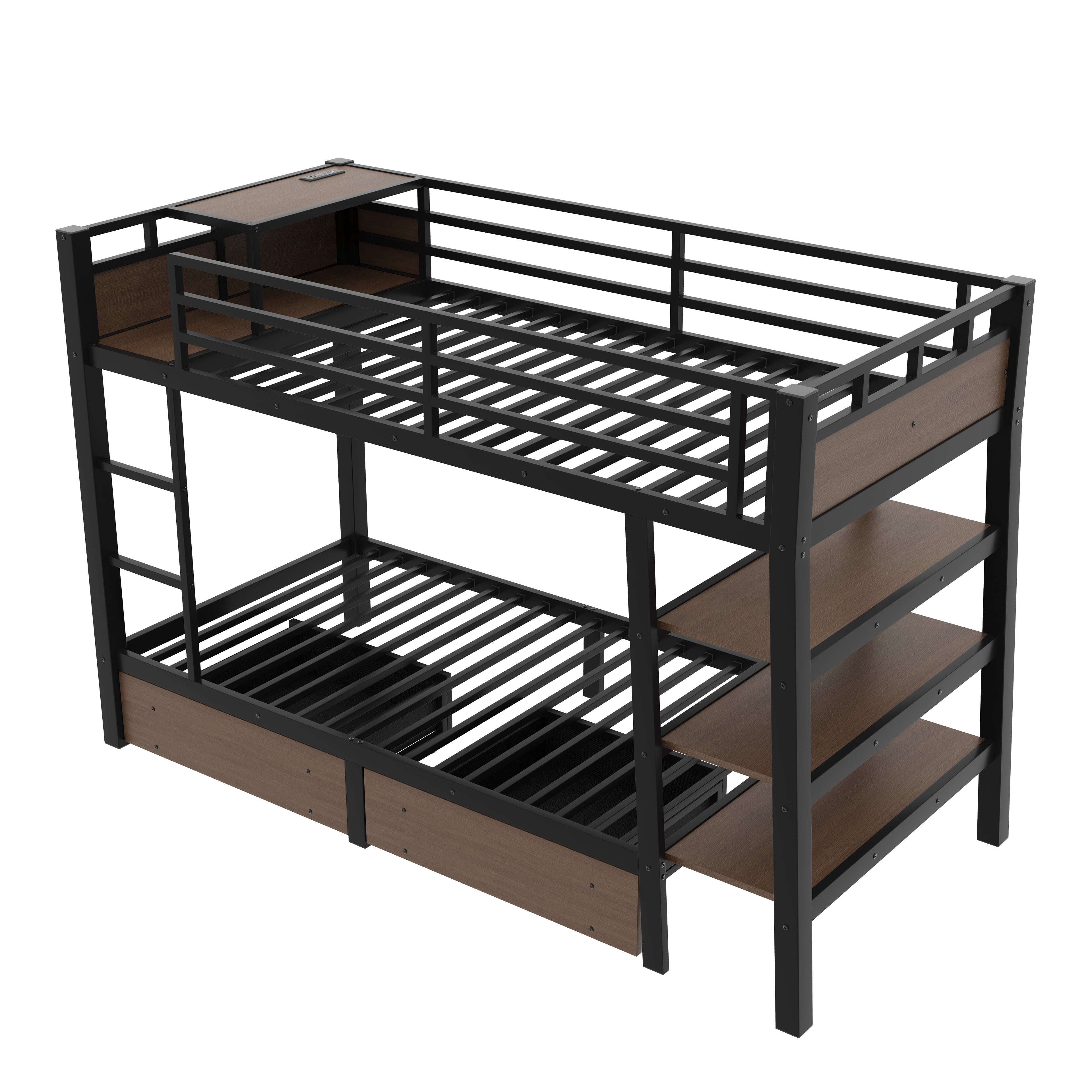 Twin Size Metal Bunk Bed with Storage Shelves and USB Power