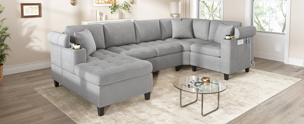 Modern U-Shaped Sectional Sofa with Cup Holders and USB Ports