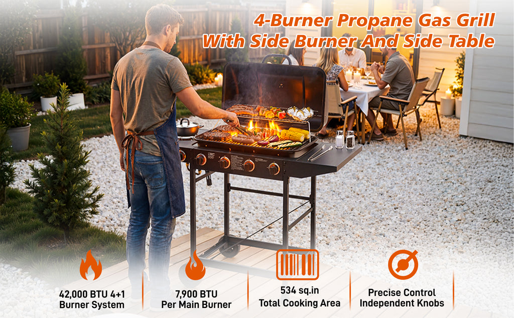 4 Burner BBQ Propane Gas Grill with Side Burner