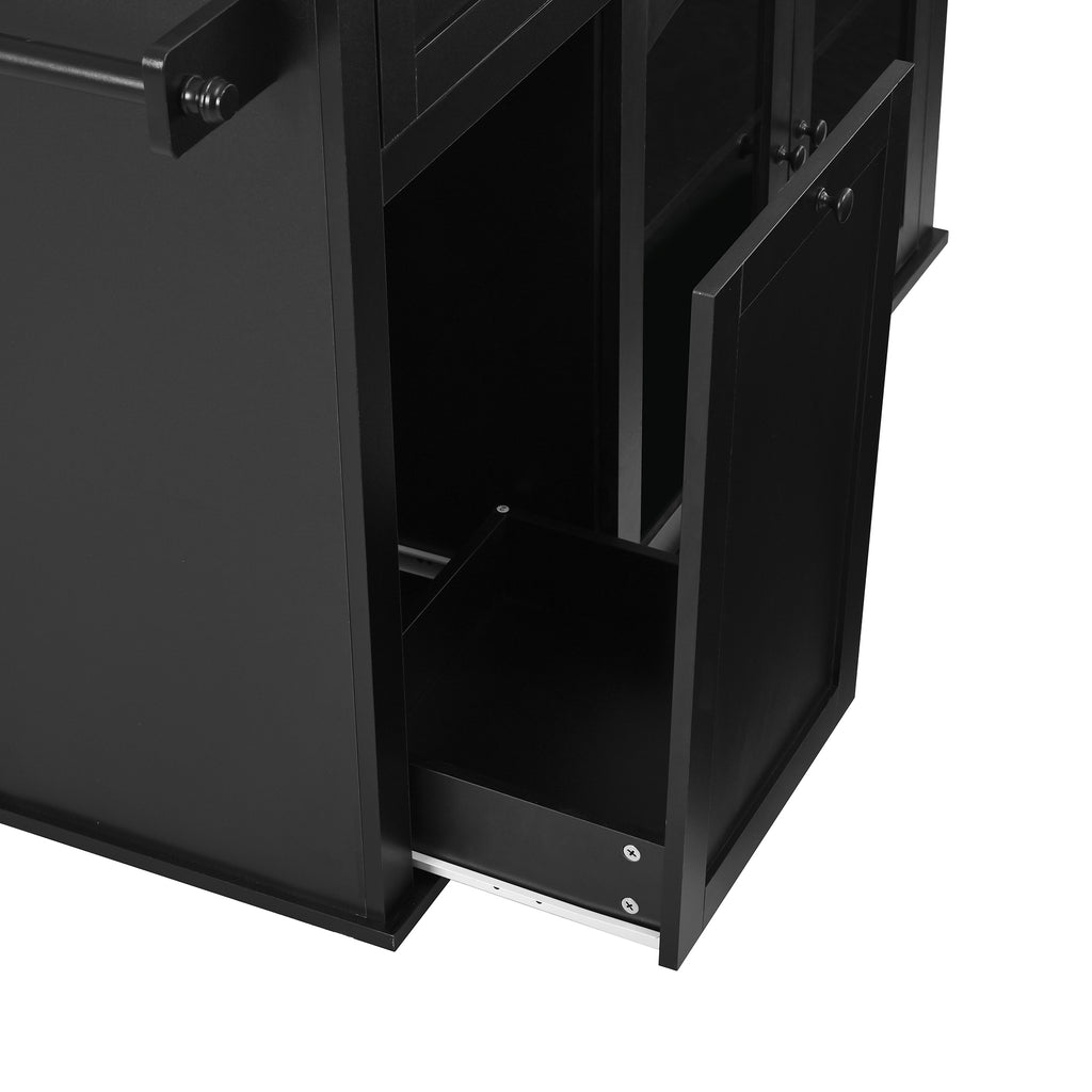 54.2" Mobile Kitchen Island with Glass Door Storage & Trash Bin Cabinet
