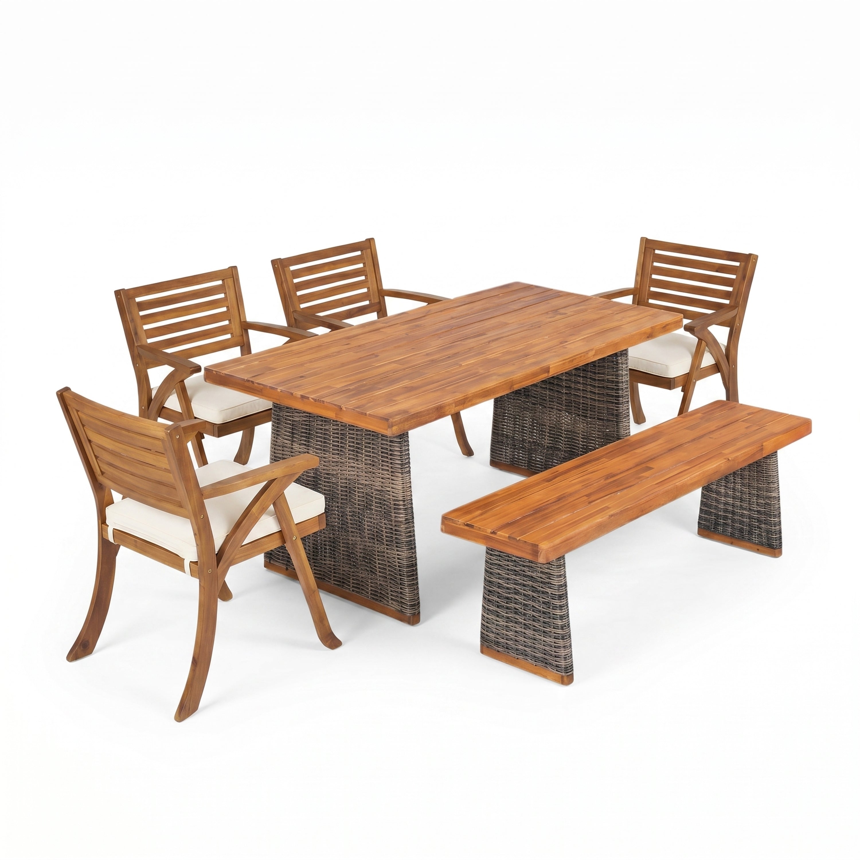 Outdoor 6 Pieces Acacia Wood Dining Set with Cushion and Handwoven Rattan Legs