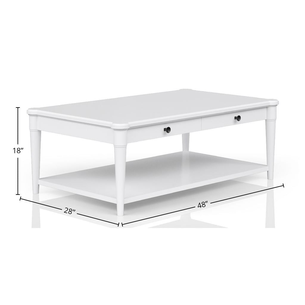 White Finished Cocktail Table With Two Storage Drawers and Casters