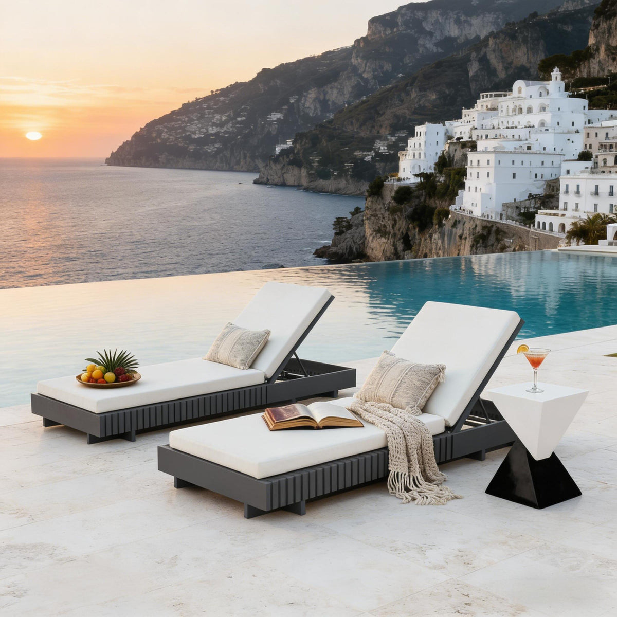 Dark Gray Acacia Wood Outdoor Chaise Lounge with Adjustable Backrest, 76.8 Inches