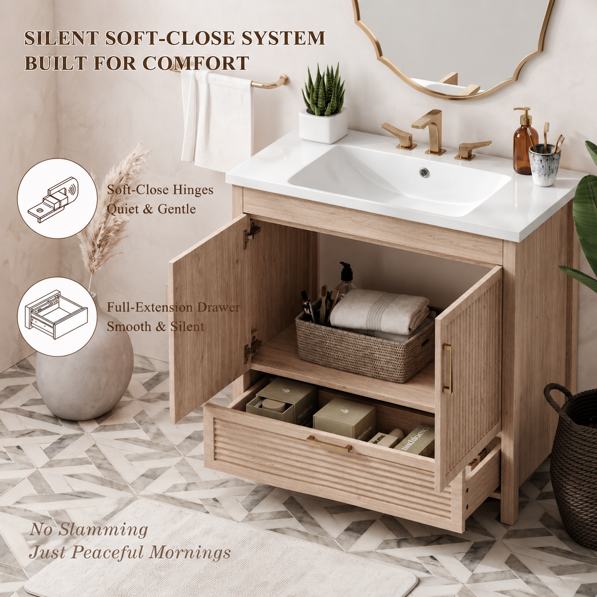 36 Inch Freestanding Bathroom Vanity Cabinet with Sink, 2 Soft Close Doors & Full Extension Drawer, Wave Fluted Panels