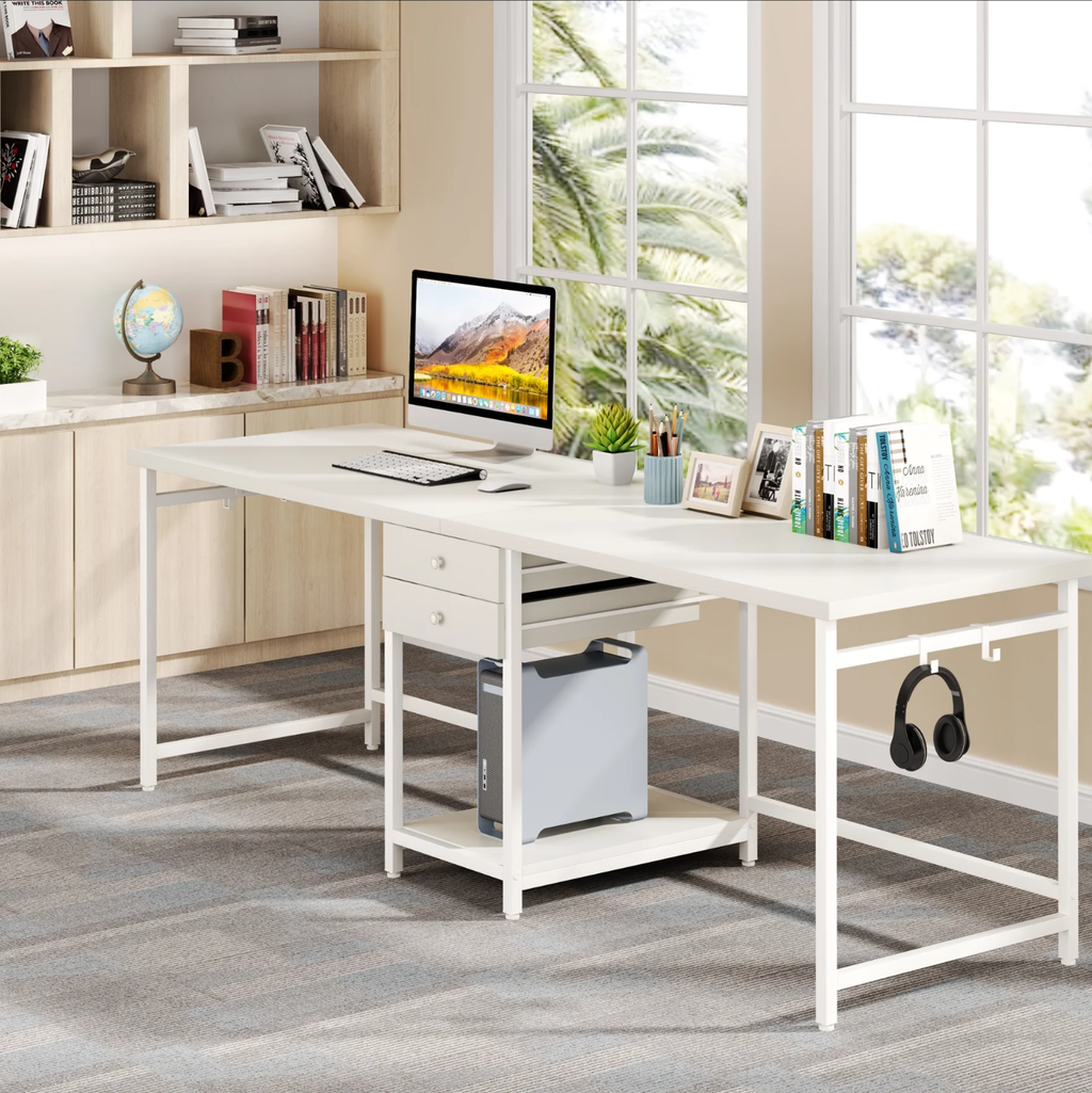 79-Inch Two Person Computer Desk with Drawers and Storage Shelves