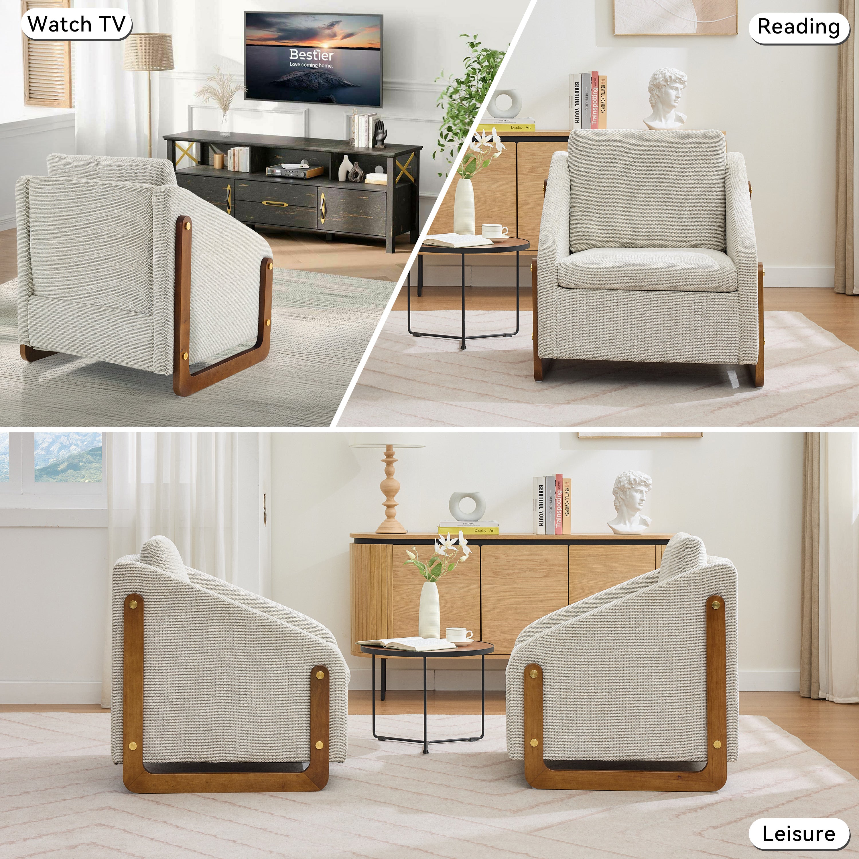 Chenille Fabric Modern Upholstered Armchair with Wooden Side Frame