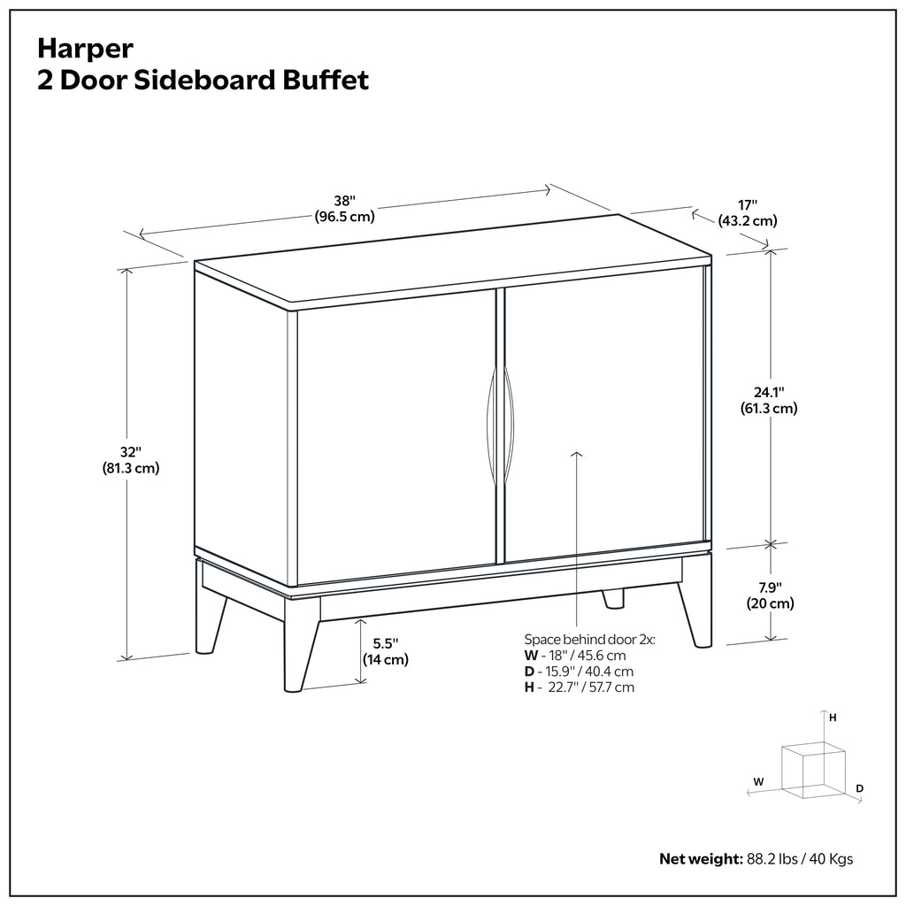 Harper 38 Inch Wide Solid Wood 2 Door Sideboard Buffet