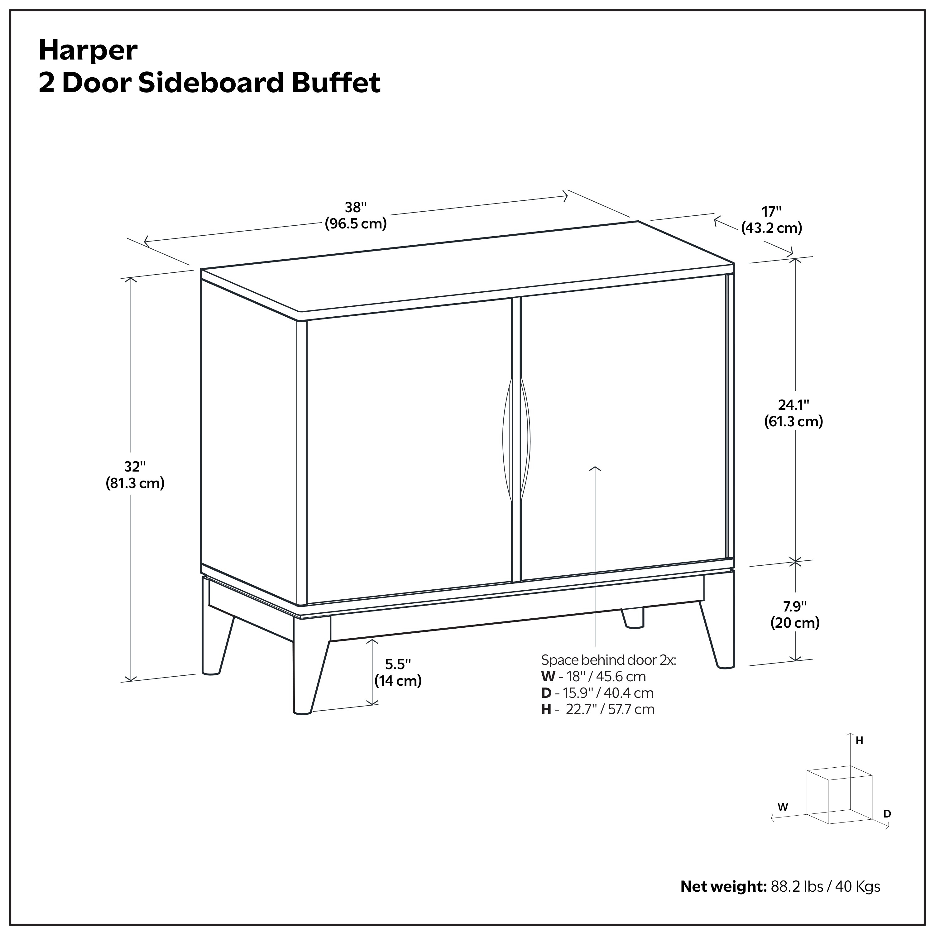 Harper 38 Inch Wide Solid Wood 2 Door Sideboard Buffet