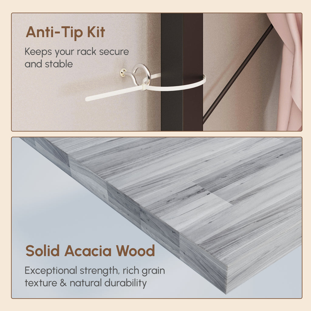 Acacia Wood Garment Racks with Shelves and Wicker Drawers