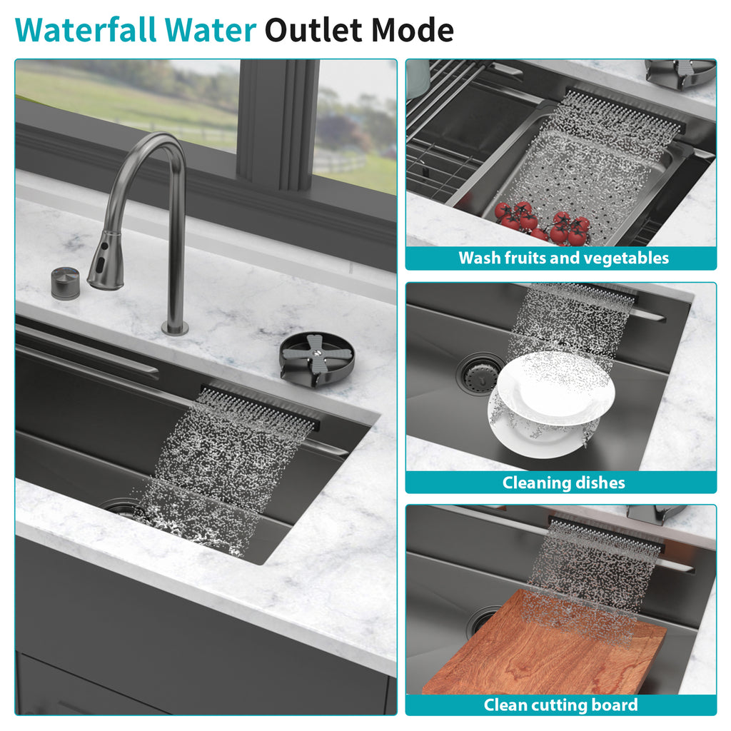 33" Undermount Waterfall Gunmetal Kitchen Sink