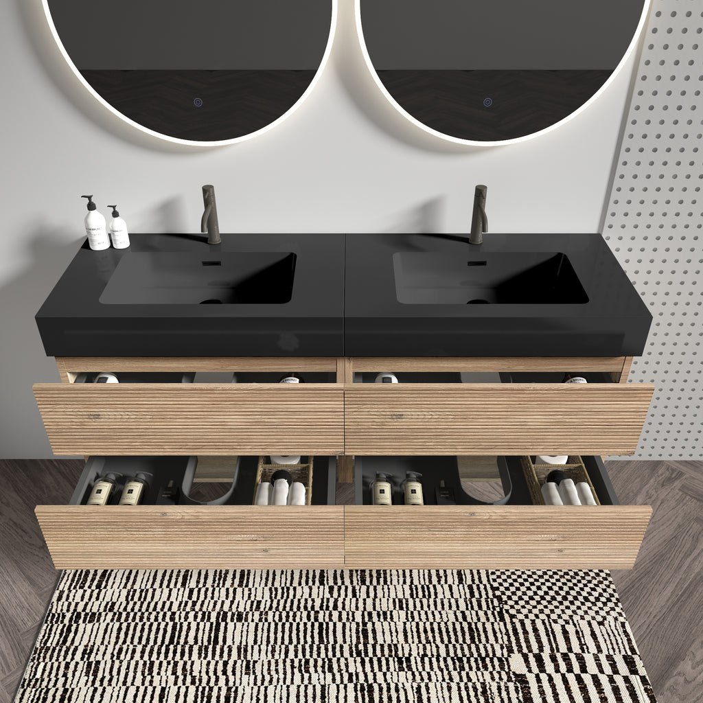 Grace 60-Inch Double Drawer Wall-Mount Bathroom Vanity, Black Oak with Solid Surface Sink
