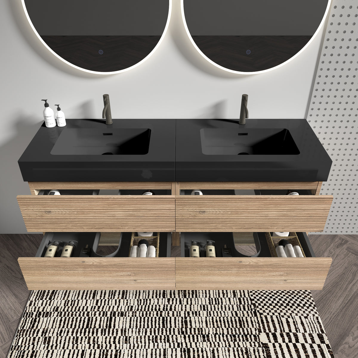 Grace 60-Inch Double Drawer Wall-Mount Bathroom Vanity, Black Oak with Solid Surface Sink