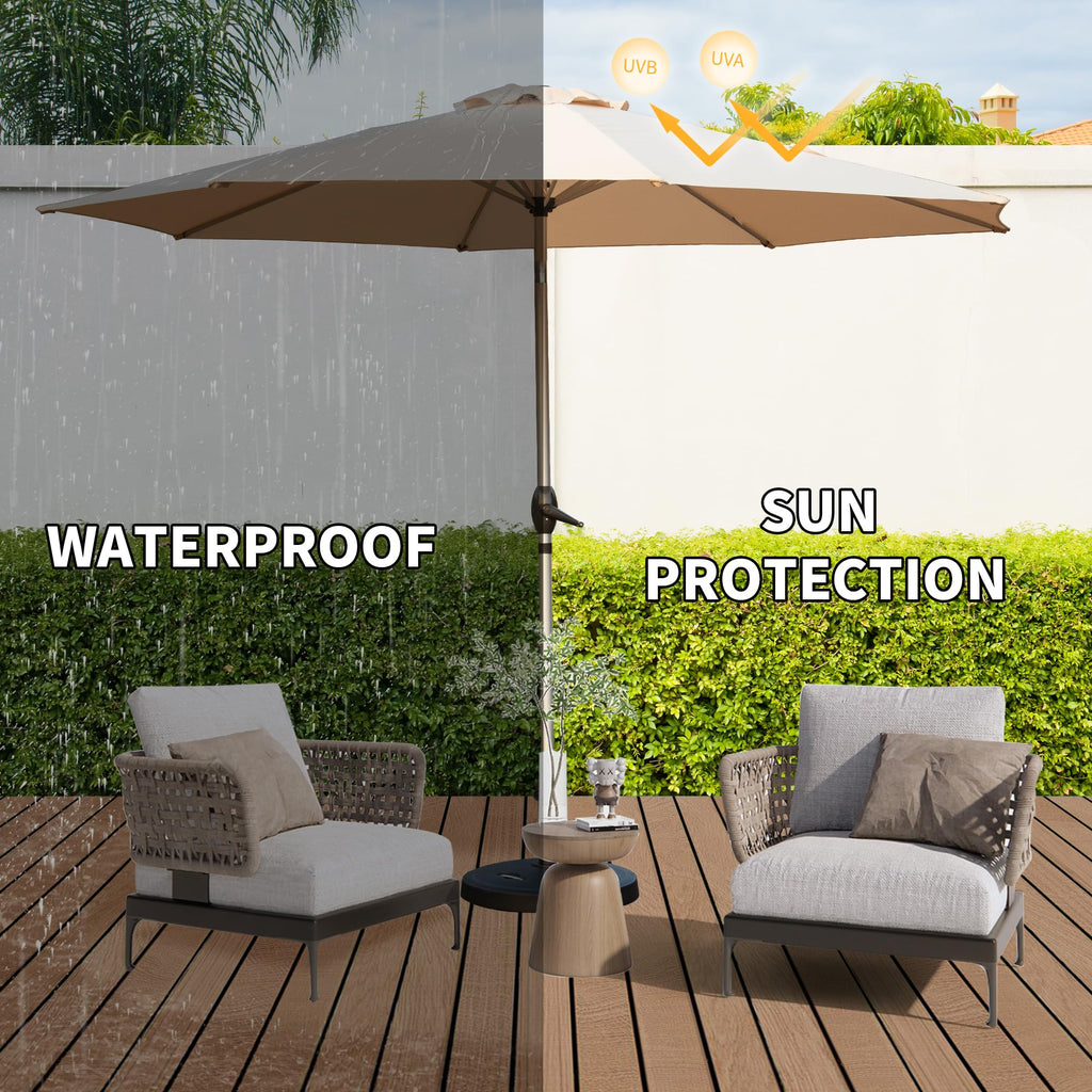 10FT Patio Umbrella, Outdoor Table Umbrella with Push Button Tilt and Crank, UV Protection Waterproof Market Sun Umbrella with 8 Sturdy Ribs for Garden, Deck, Backyard (Beige) –Base Not Included