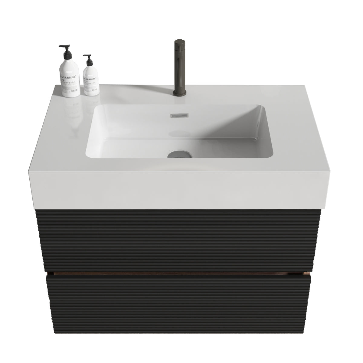 Grace 30-Inch Wall-Mount Bathroom Vanity, Glossy White Solid Surface Sink, Black Drawers