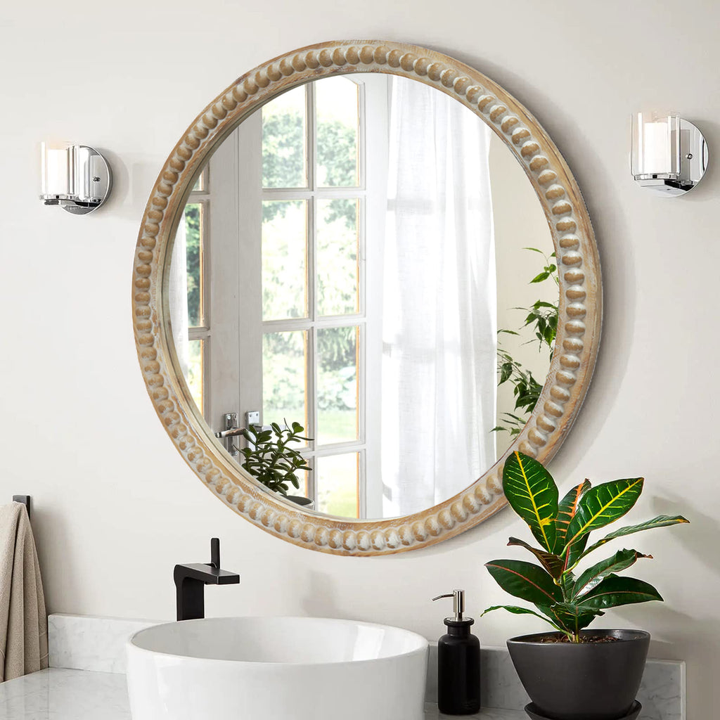 Round Decorative Wall Mirror, 35.43 Inches, Distressed Wood Beaded Frame, Natural Wood
