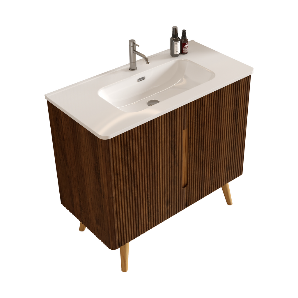 Etna 36-Inch Bathroom Vanity, Walnut Striped with Ceramic Sink