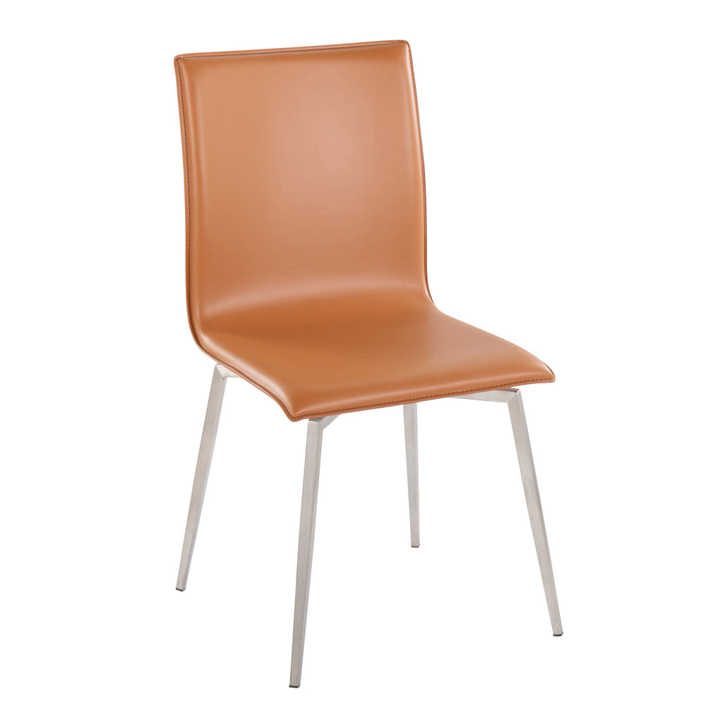 Contemporary Upholstered Chair in Brushed Stainless Steel and Camel Faux Leather - Set of 2
