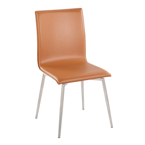 Contemporary Upholstered Chair in Brushed Stainless Steel and Camel Faux Leather - Set of 2